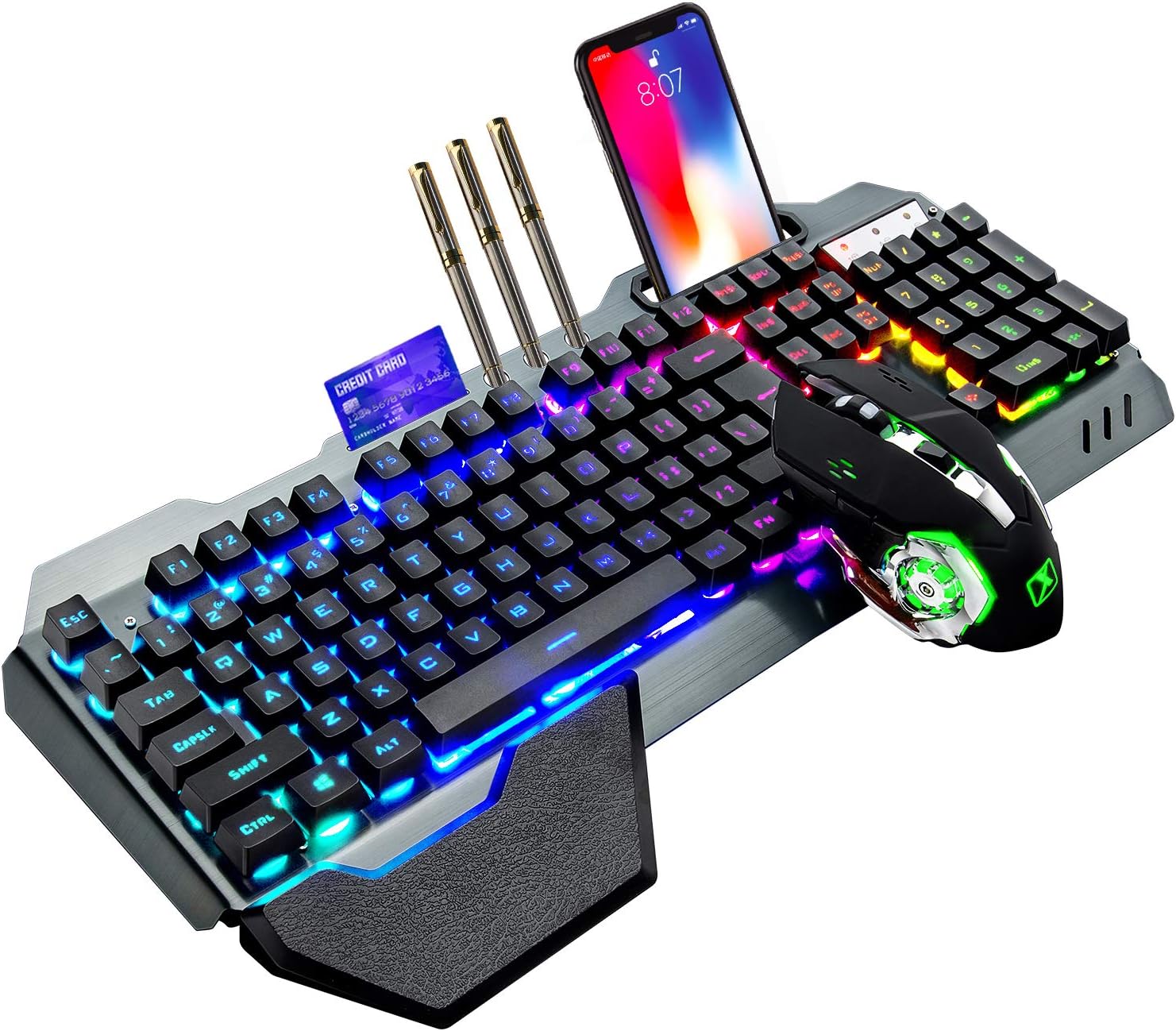 Gaming Keyboard Mouse Wireless - K680ワイヤレスゲーミングキーボードとマウスの組み合わせ、レインボーLEDバックライト付きキーボード、充電式3800mAhバッテリー、金属パネル