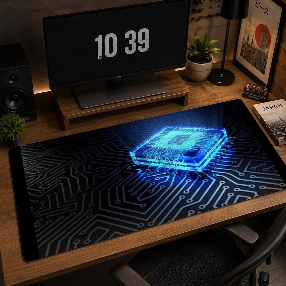 Gaming Keyboard Blue - 大型ゲーミングマウスパッド ネオンブルー CPU回路基板柄 ゲームテーブルマット XXLサイズ ラバー製滑り止め