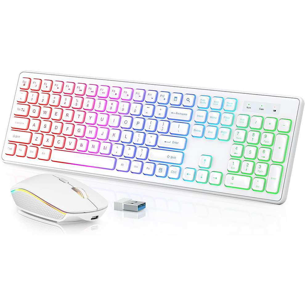 Gaming Keyboard Mouse Wireless - バックライト付きワイヤレスキーボードとマウス、静かなライトアップキー、傾斜脚、コンピュータ、PC、ラップトップ用の充電式USBコードレスコンボ